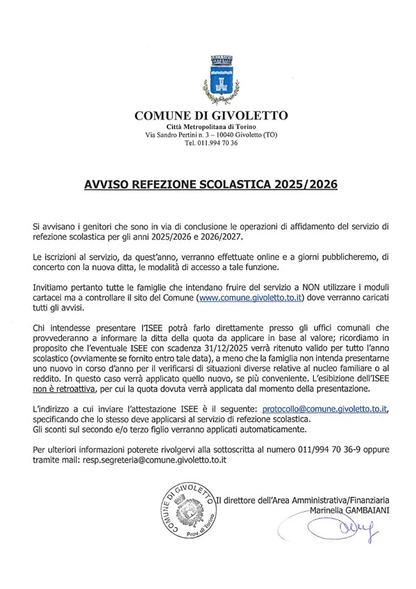 Avviso Refezione scolastica 2025-2026