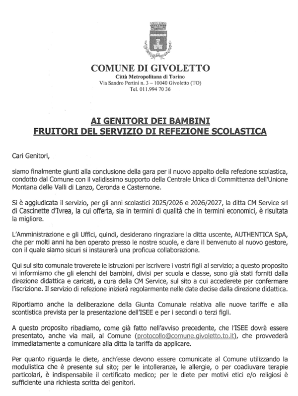 Servizio di refezione per l'anno scolastico 2025/2026