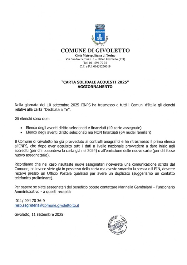 Carta solidale acquisti 2025