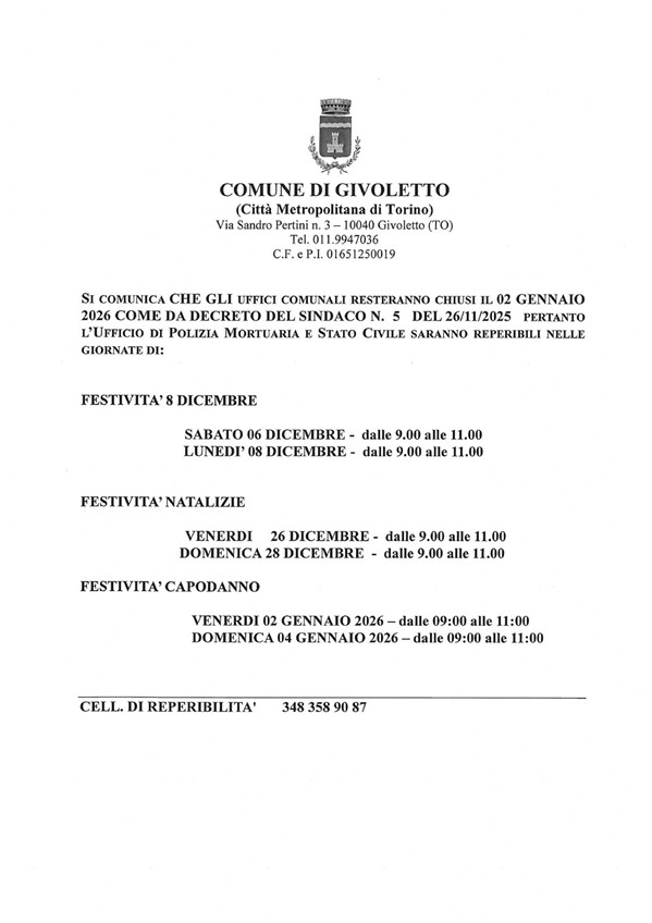 Reperibilità Festività natalizie e capodanno