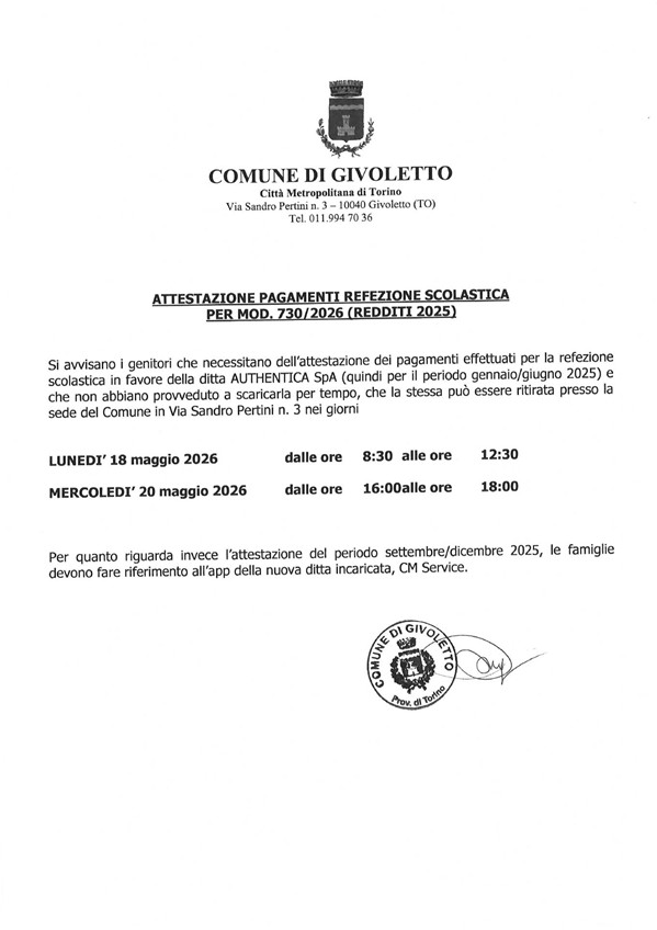 Attestazione pagamenti refezione scolastica per mod. 730/2026 (redditi 2025)