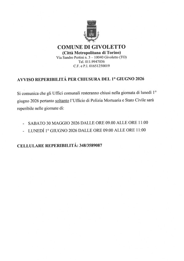 reperibilita' uffici polizia mortuaria e stato civile per il 30 maggio e il 1° giugno 2026