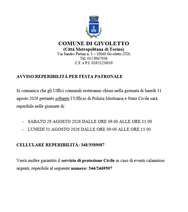 Chiusura uffici per festività Santo Patrono